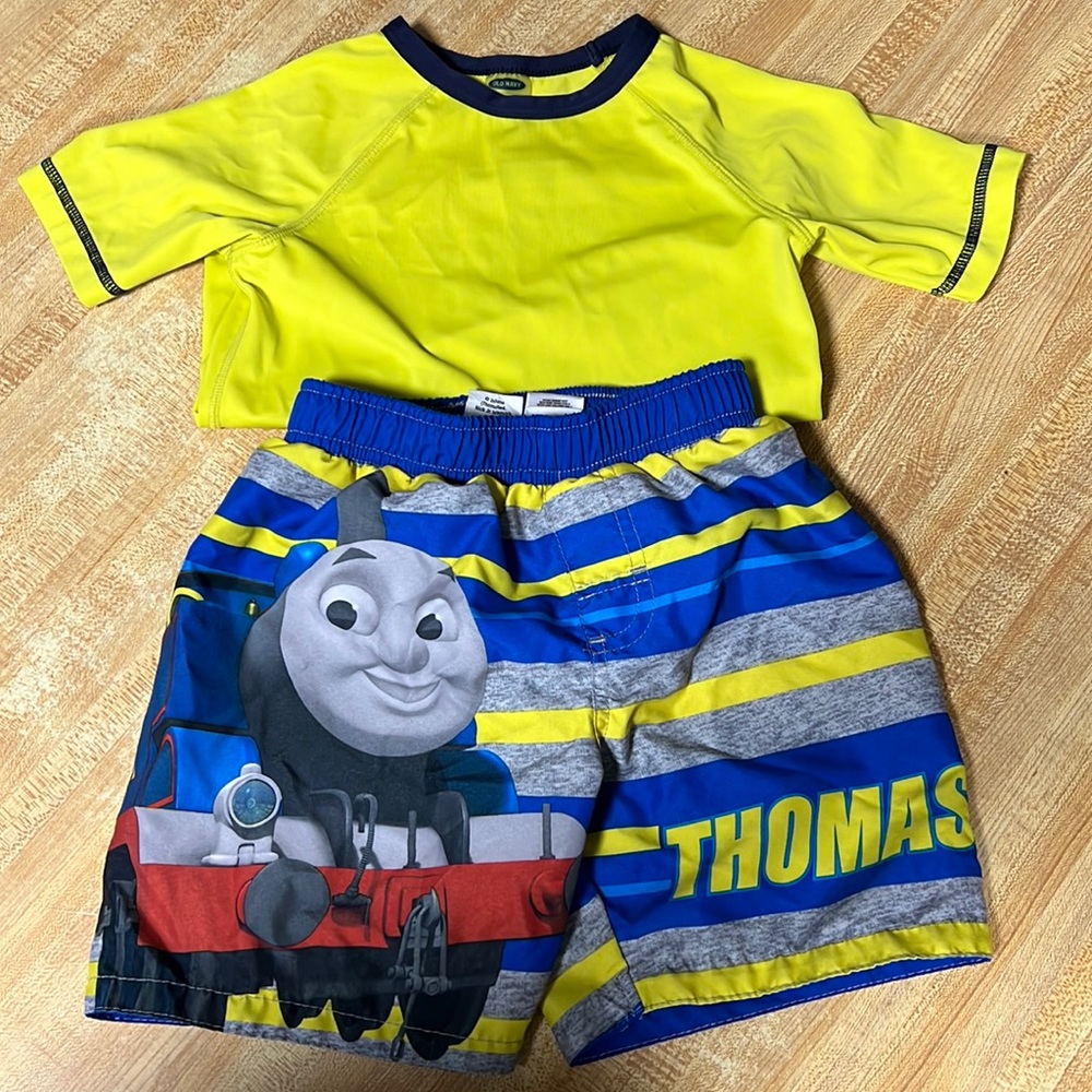 Old navy swim shirt 3T. Thomas & friends swim shorts 2T